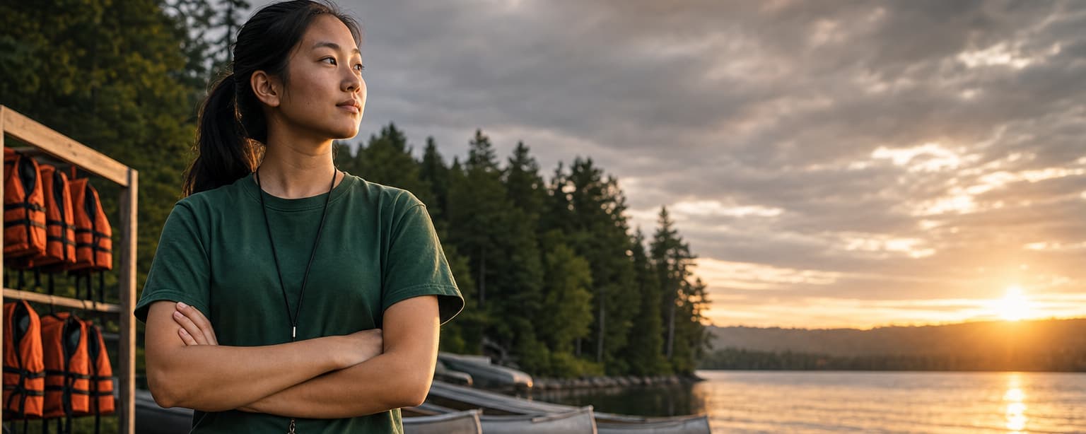 A summer camp counselor in a green staff t-shirt with a whistle on a lanyard, arms crossed on a lakeside dock at sunset, orange life jackets on a rack beside her and canoes pulled up on the shore