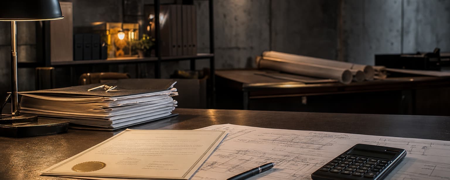 A desk under a lamp with a thick stack of documents, an open drawing and a calculator, rolled plans on a table behind