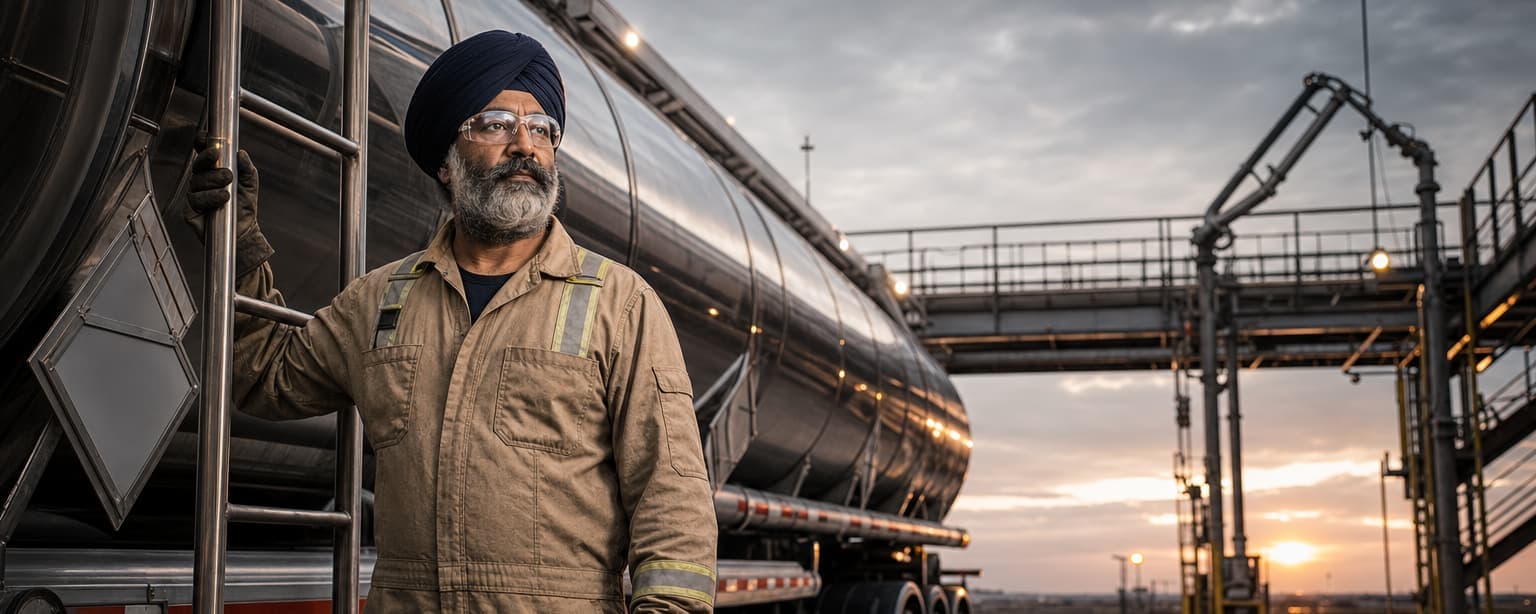 A driver in a dark turban, safety glasses and tan flame-resistant coveralls standing beside a polished stainless tanker trailer at a fuel loading rack at sunrise, one hand on the ladder rail, a blank hazmat placard on the tank and the loading arm overhead
