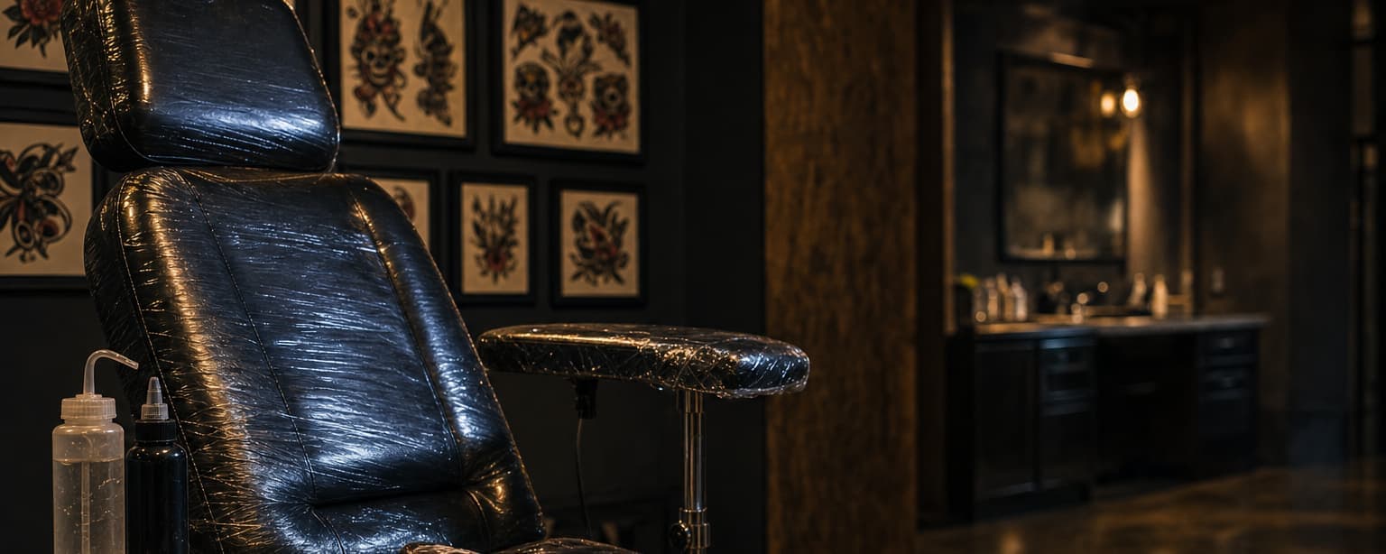 A tattoo studio station after hours, an adjustable chair and armrest wrapped in barrier film, machines and ink caps laid out on a covered tray and framed flash art on the wall
