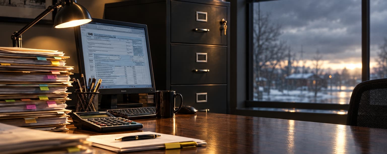 A tax preparer’s desk in late winter, a tall stack of client folders with colored tabs, a monitor showing a tax form, a calculator and a pen on a notepad, a locked file cabinet and snow outside the window