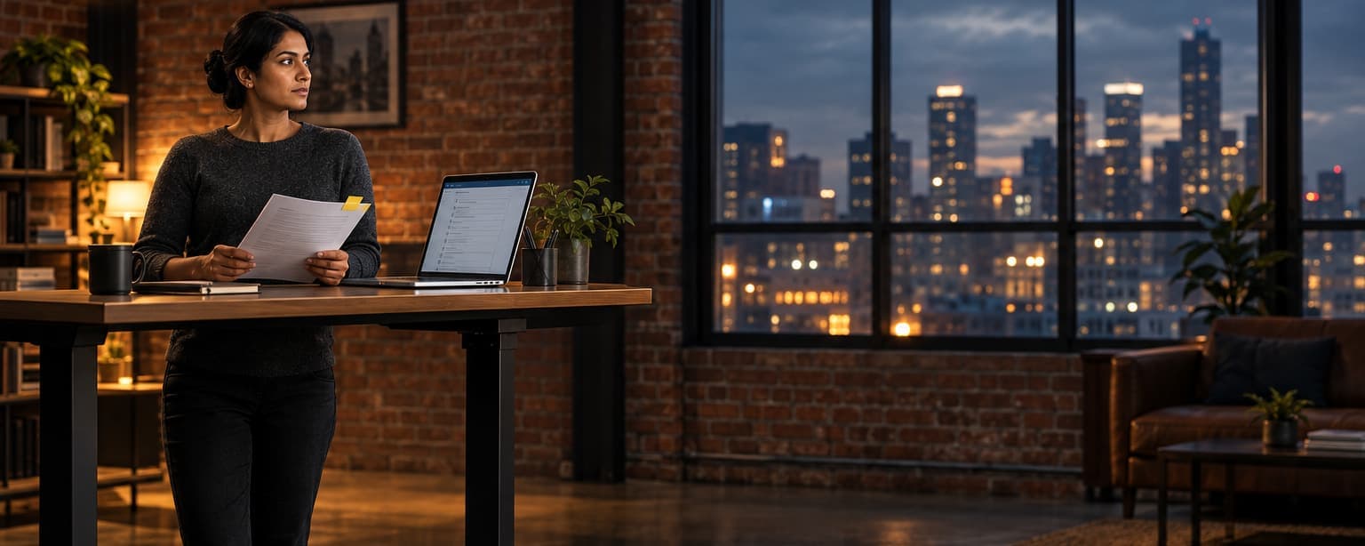 A software founder at a standing desk in a brick loft office at dusk holding a printed customer contract with one page flagged, a laptop beside her open on a questionnaire and a city skyline through the window