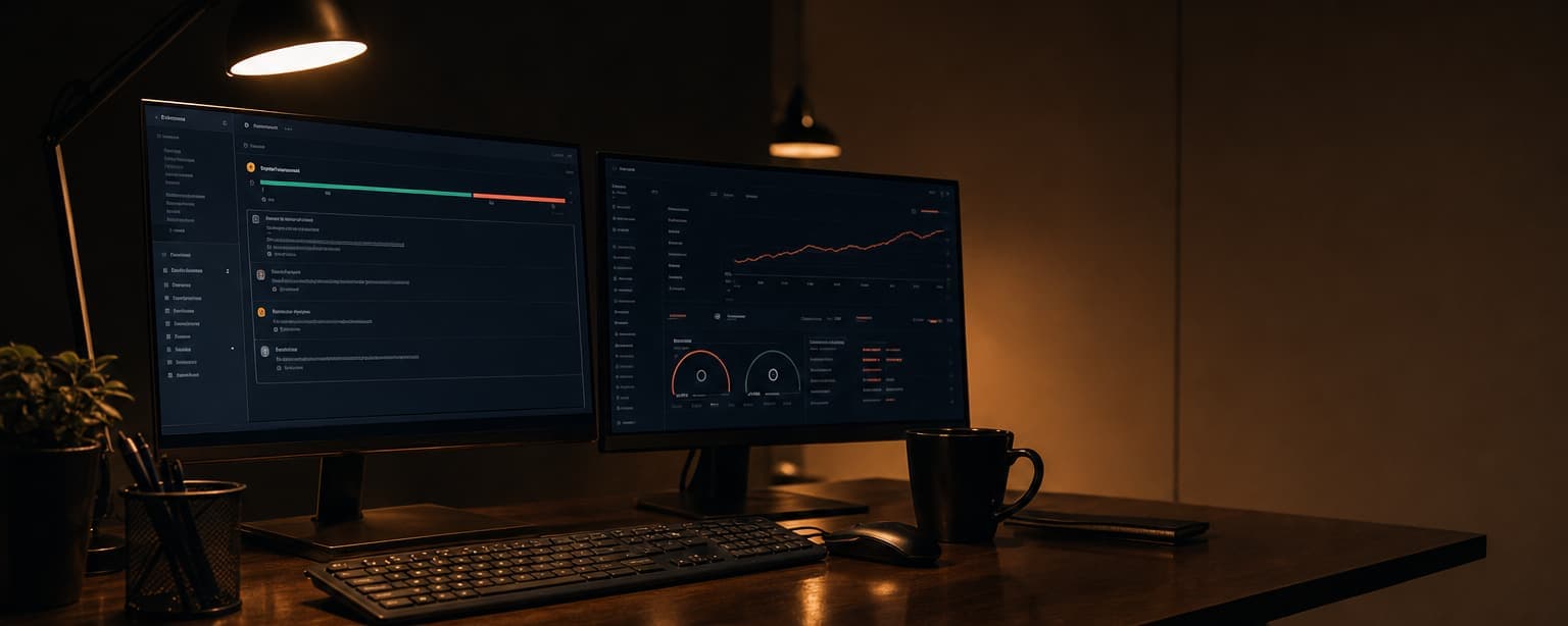 Two monitors on a desk at night showing an incident feed and a metrics dashboard, a keyboard and a mug in front of them