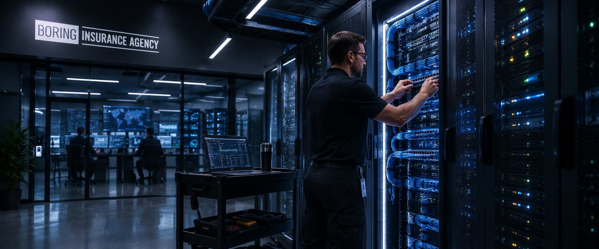 A technician working at a server rack, with a network operations room behind