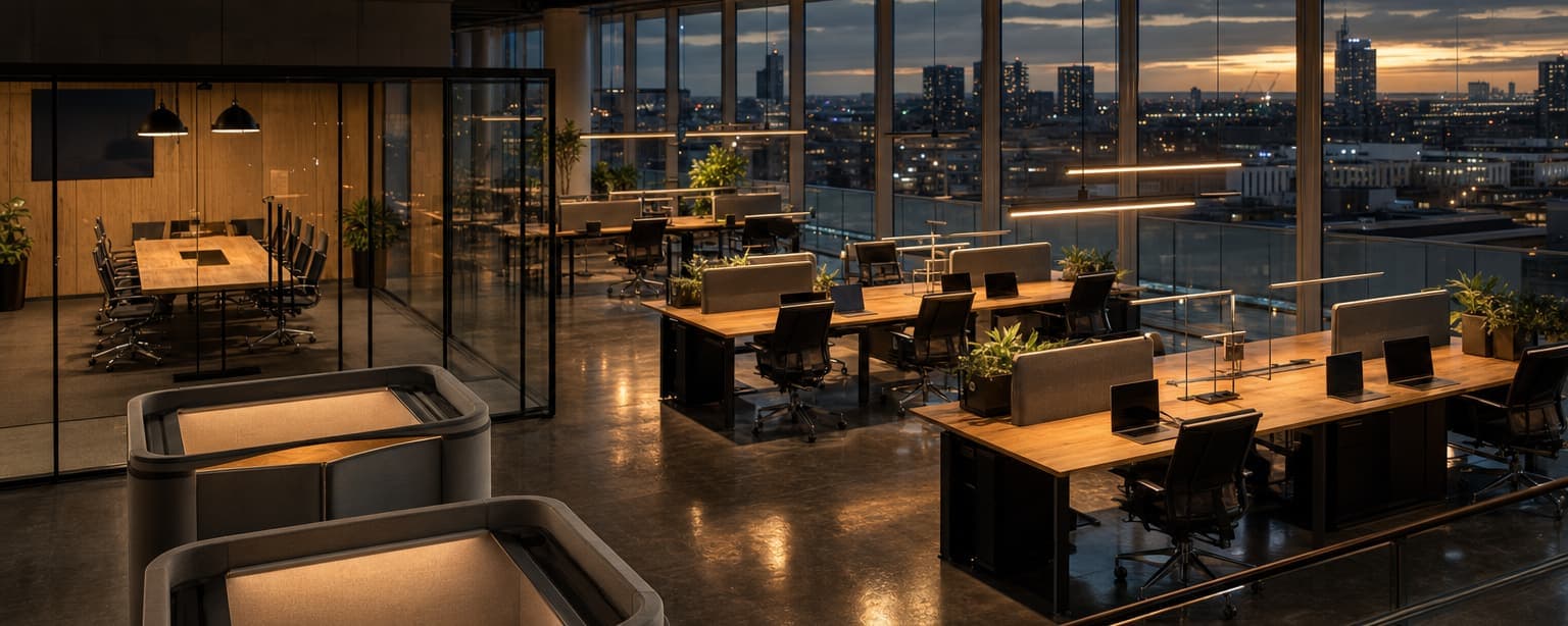 A technology company floor at dusk seen from the mezzanine, rows of open desks with docked laptops, breakout pods and a glass meeting room and a city skyline through the window wall