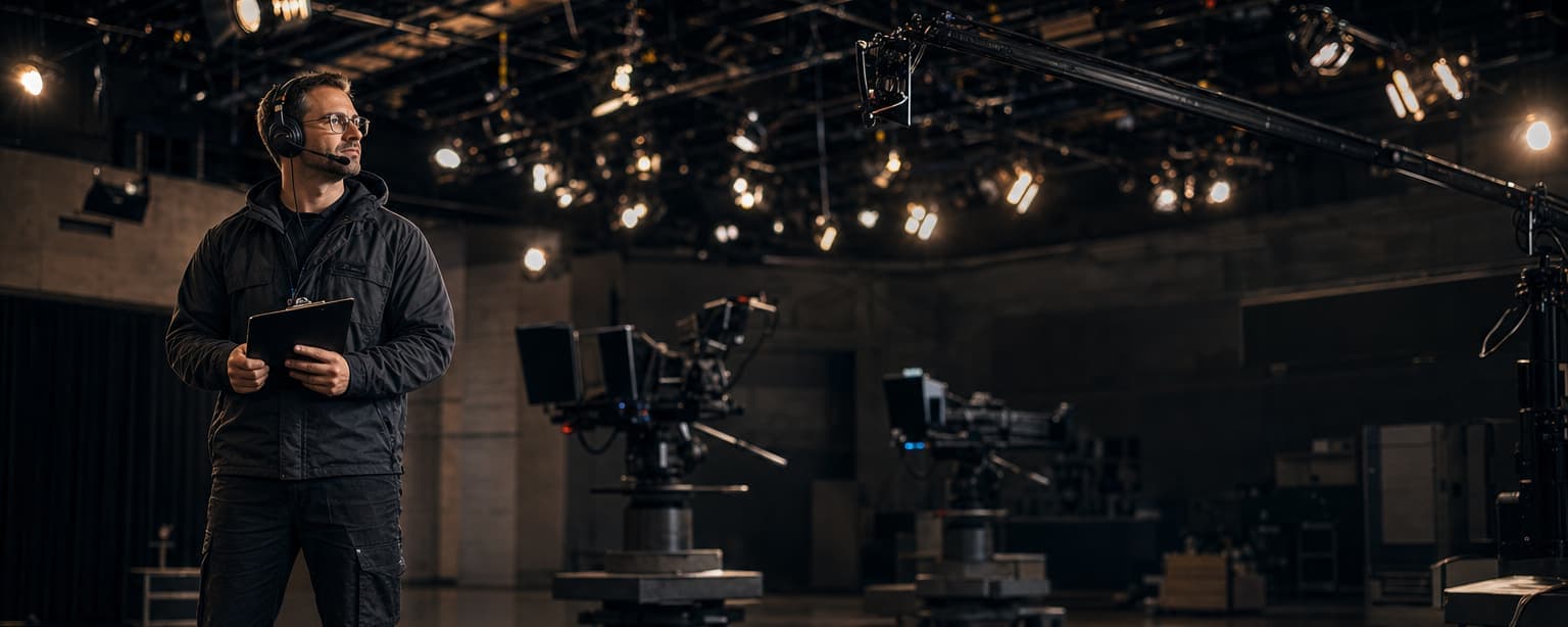 A television production manager in a headset holding a tablet on a studio floor, three pedestal cameras and a camera jib parked under a full lighting grid