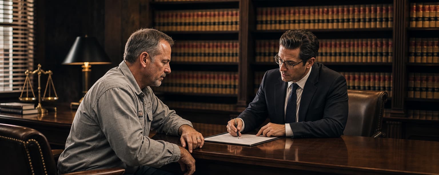 A business owner in a work shirt sitting across a desk from his broker with a half-completed application between them, both looking at the page