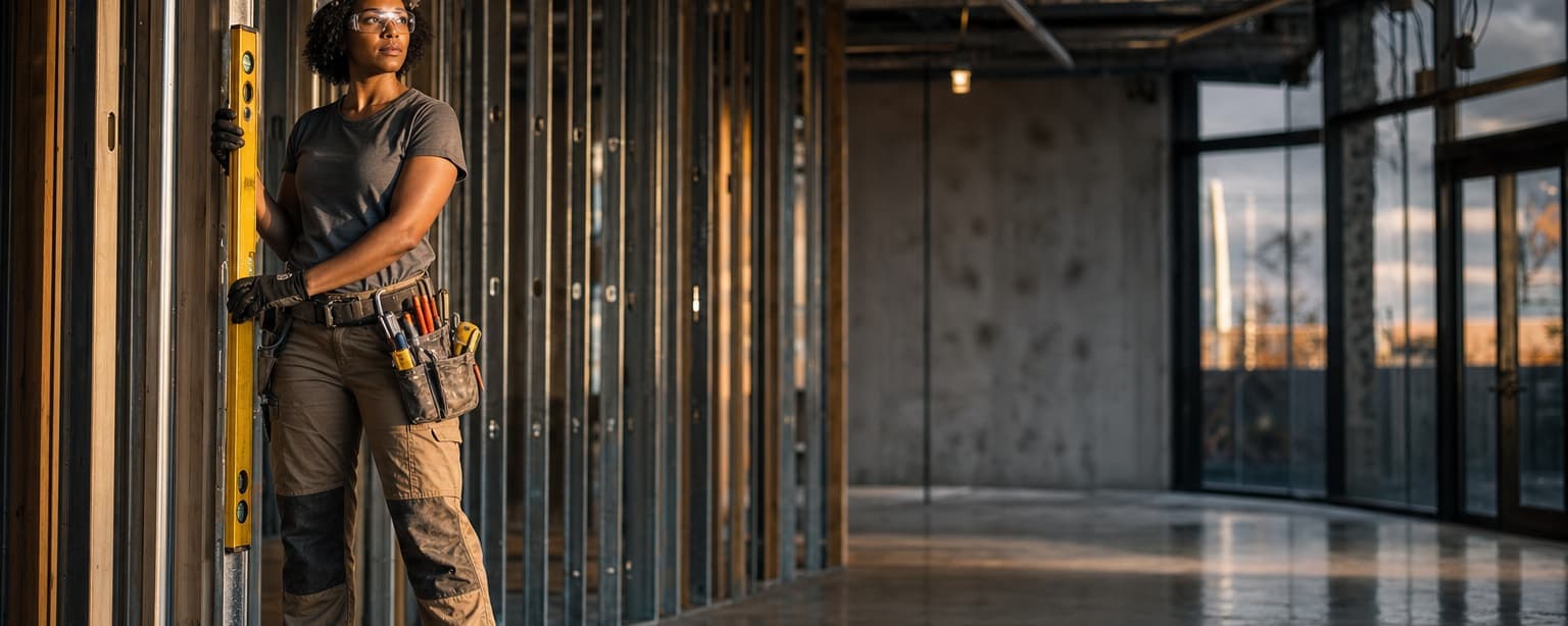 A contractor in a hard hat and tool belt checking a level against fresh partition framing in a half-finished tenant build-out, storefront glass behind