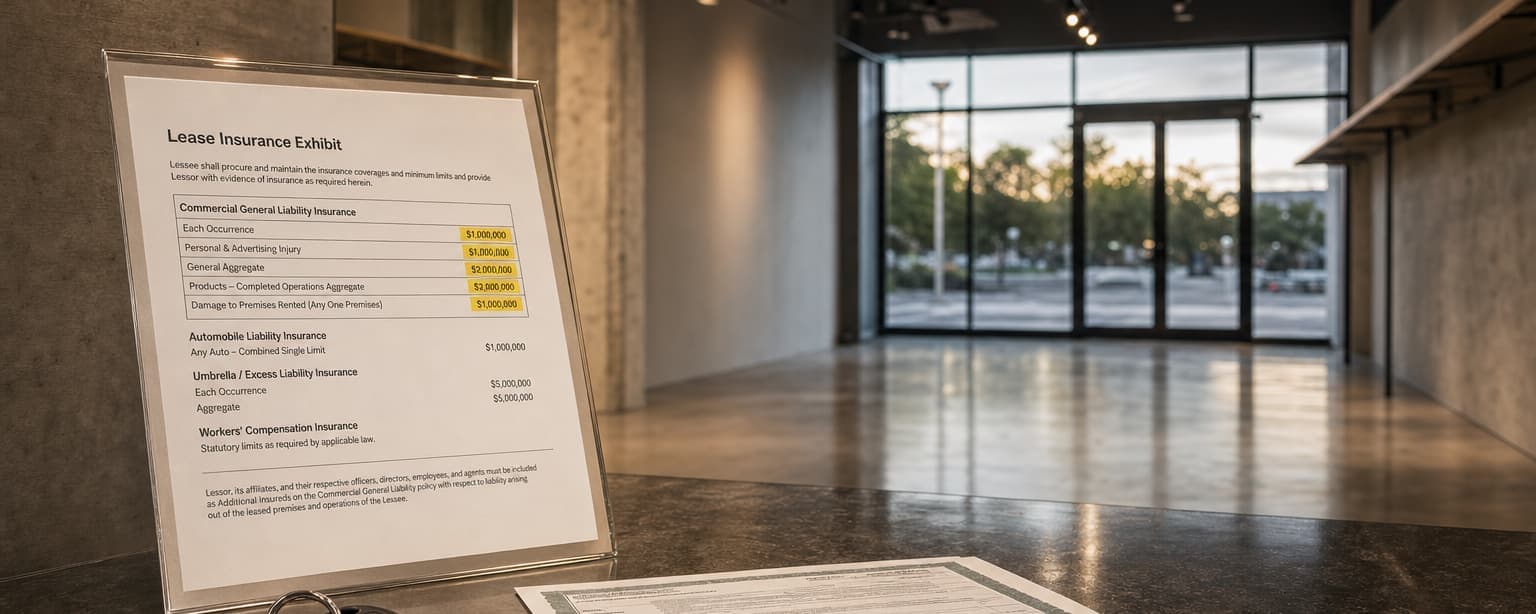 A lease insurance exhibit propped on a counter in an empty retail unit with required limits highlighted, keys and a certificate beside it