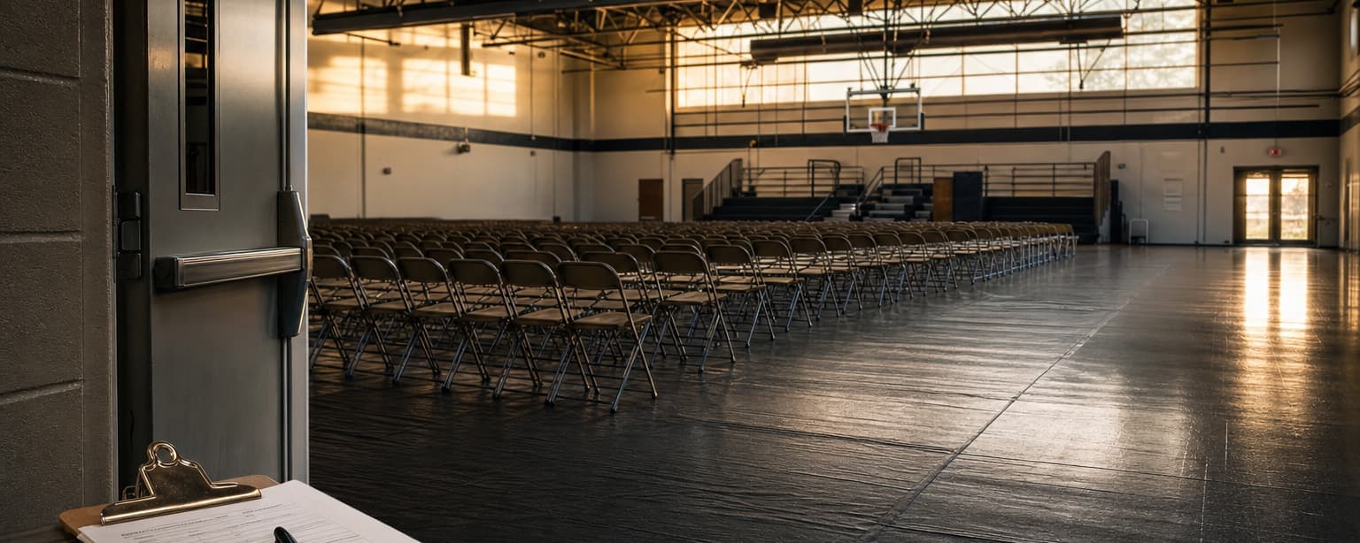 A municipal hall set with rows of folding chairs under a raised roof, a clipboard on a table by the door