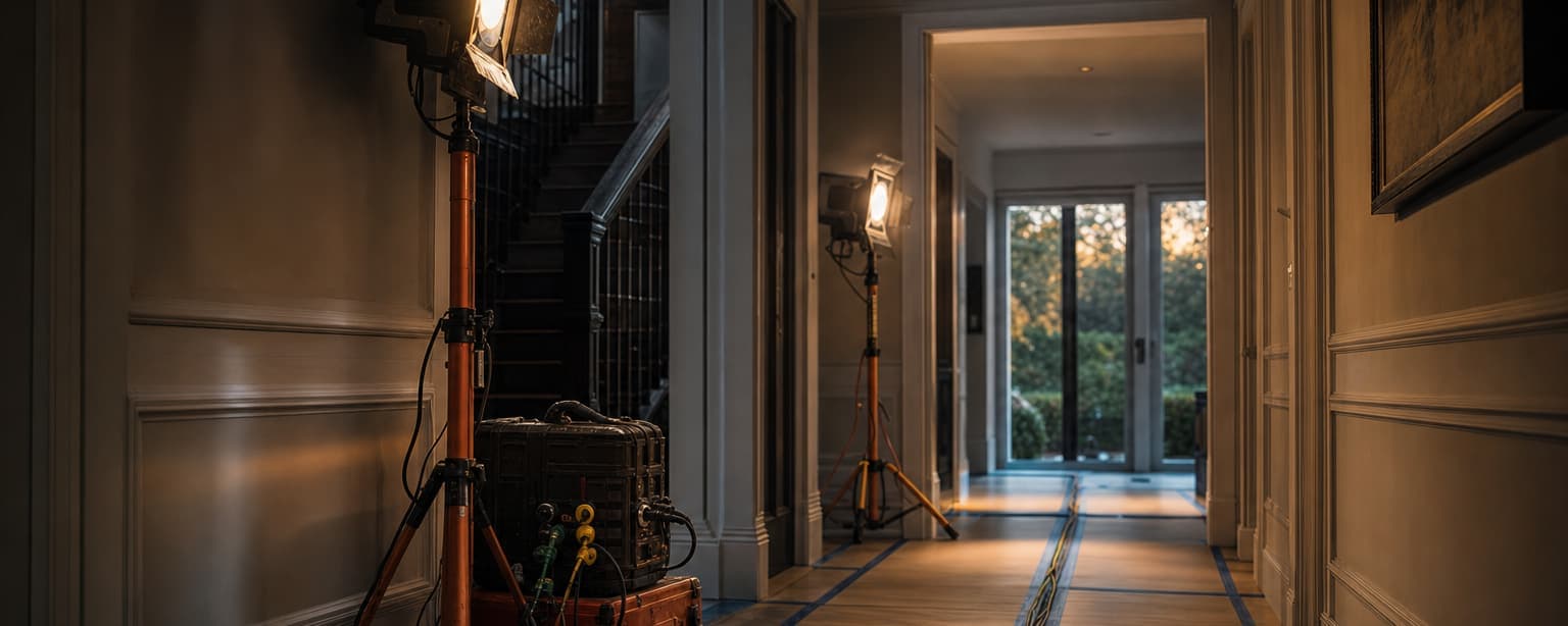 A hallway mid-renovation with floor protection laid down and a work light on a stand, a staircase and a window at the end