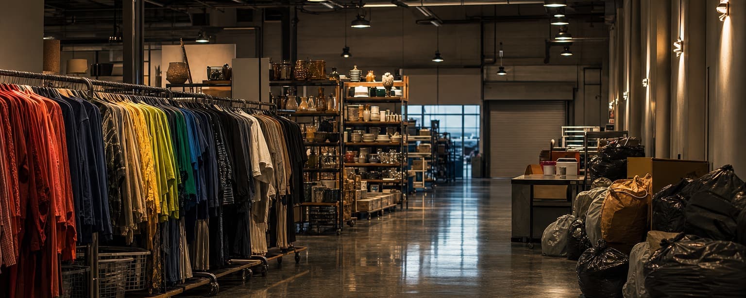 A charity thrift store floor after closing, racks of sorted clothing by color, shelves of housewares and a donation intake area with bagged donations stacked against the wall