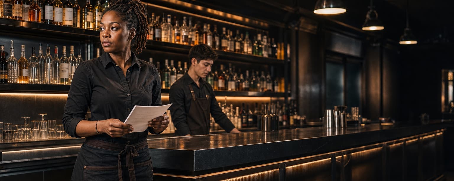 A bartender going through a service policy sheet with a younger server behind an empty bar before opening, the lit bottle wall behind them