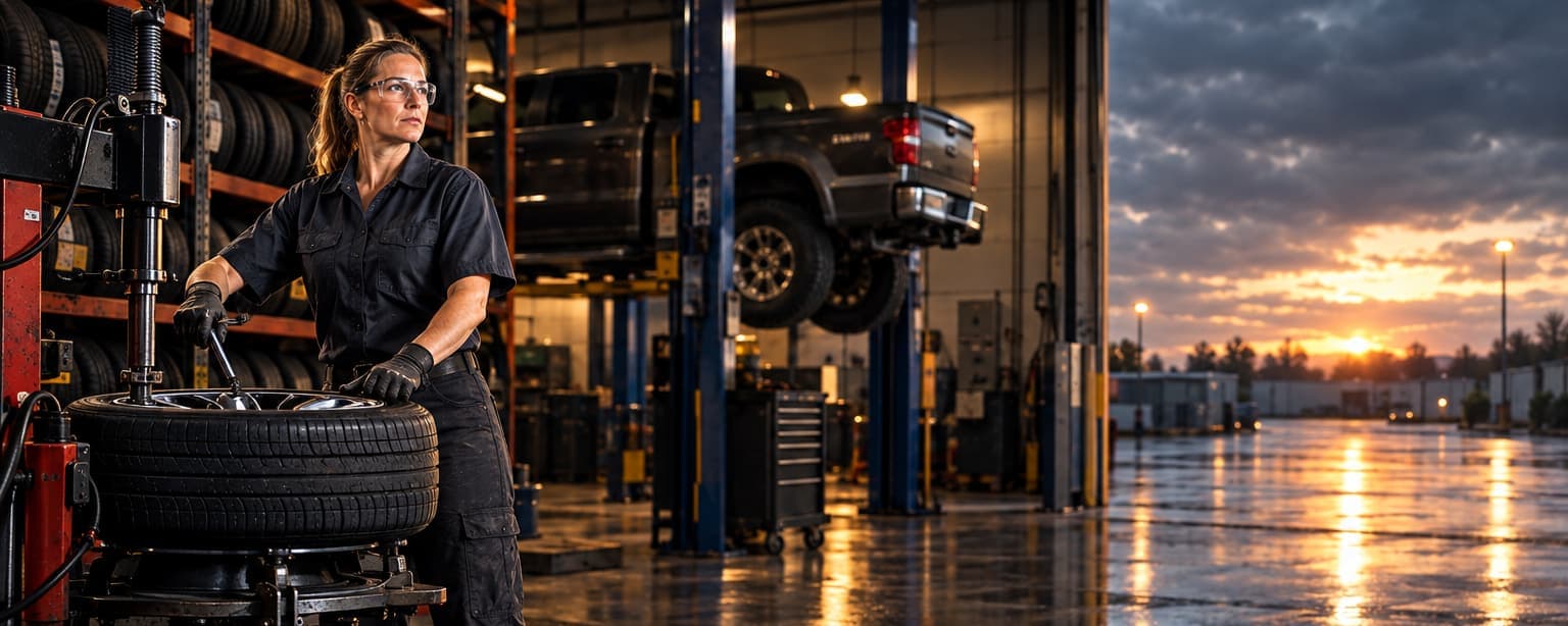 A tire technician with a ponytail in a dark work shirt and gloves standing beside a tire changer with a wheel mounted, tall racks of tires behind her and a pickup truck raised on a lift
