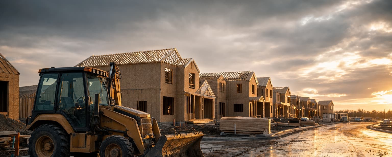 A backhoe parked beside a row of newly framed tract houses at sunset with the roads still unpaved