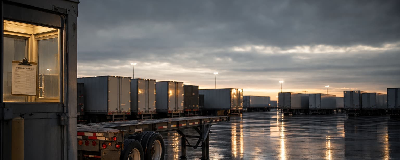 A guard shack beside a line of parked trailers at dusk with an empty chassis in the foreground, wet ground reflecting the lights