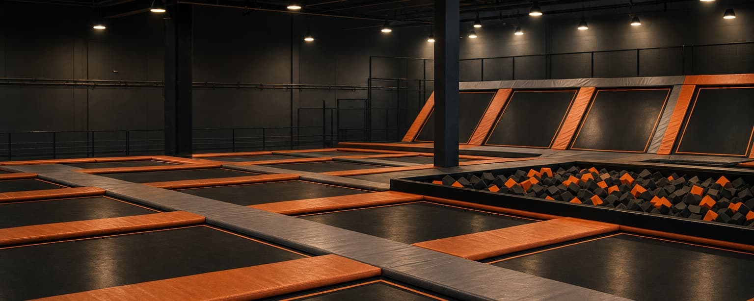 An empty trampoline park court before opening, a grid of trampolines with padded frame covers, a foam pit and angled wall tramps under overhead lighting
