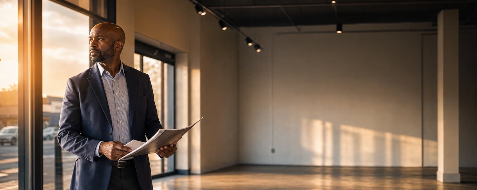 A landlord in a blazer standing in an empty retail unit reading a lease, keys on the counter beside him and sunlight through the storefront glass