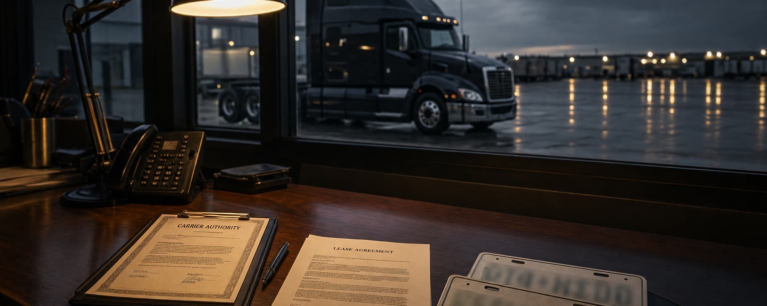 A carrier authority letter, a lease agreement and a set of plates spread on a dispatch desk under a lamp, a tractor unit in the dark yard beyond