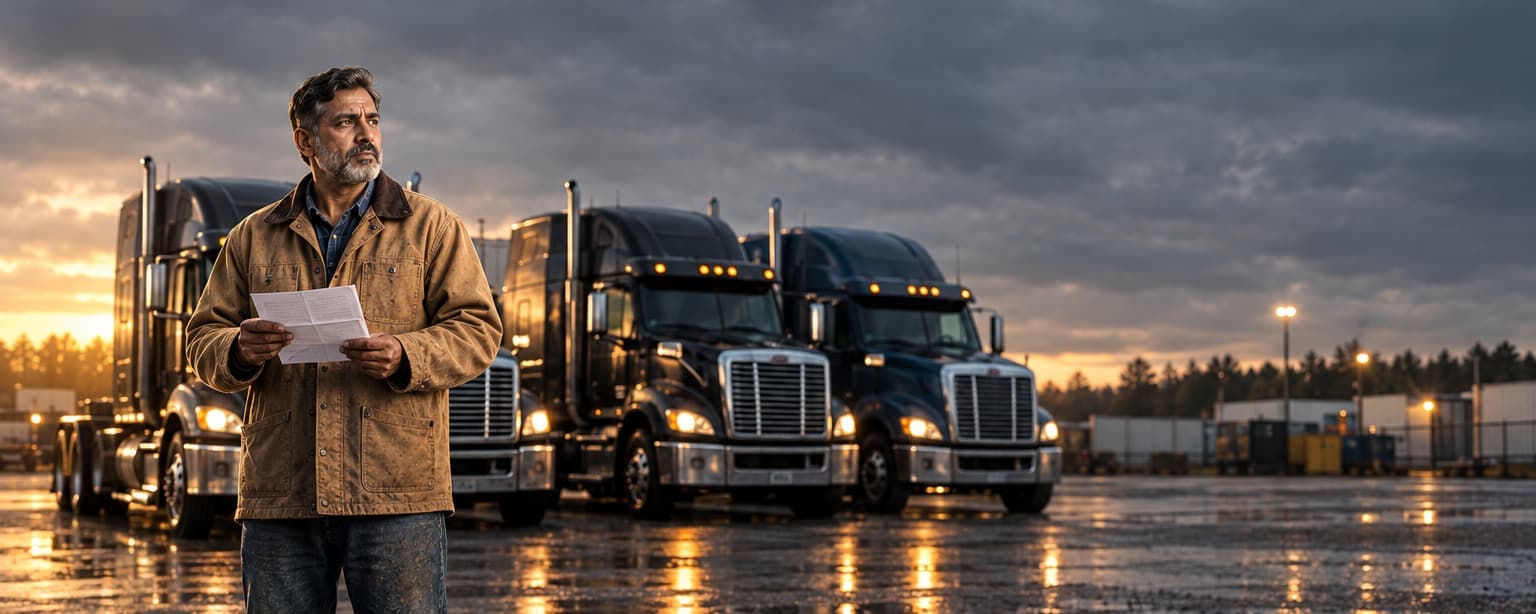 A trucking company owner with a graying beard in a canvas work coat standing in his gravel yard reading an opened letter, three tractors parked in a row behind him under an overcast sky at first light