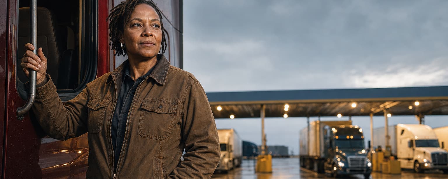 A woman owner-operator in a brown canvas work jacket standing beside the open door of her dark-red sleeper cab at a truck stop at dawn, one hand on the grab handle, fuel islands and parked rigs behind her on wet asphalt