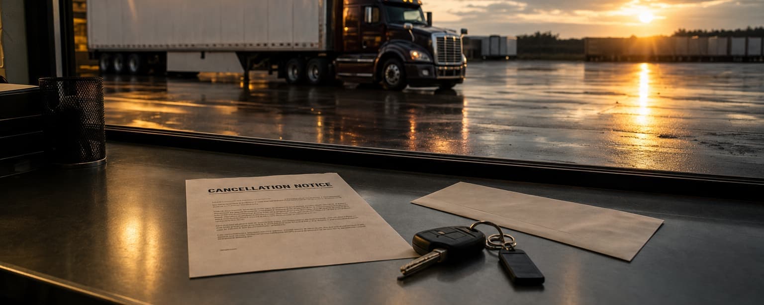 A cancellation notice on a dispatch desk beside truck keys and an unopened envelope, a parked tractor trailer in a quiet yard through the window at dawn