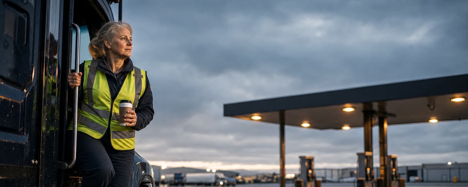 A woman driver in her fifties, white, gray hair pulled back, in a reflective vest, climbing down the steps of a day cab at a truck stop fuel island at dawn with a paper coffee cup in one hand and the grab handle in the other