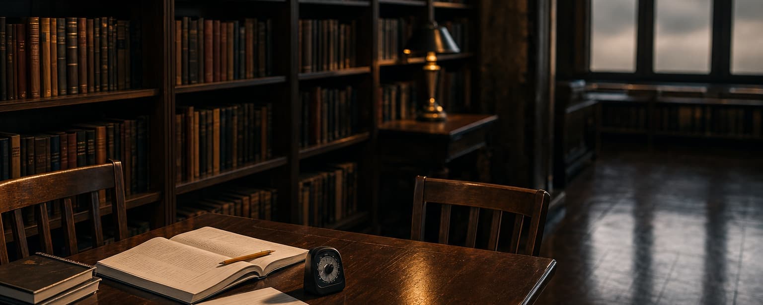A library table with an open book, closed notebooks and a small timer, shelves of bound volumes behind and a tall window