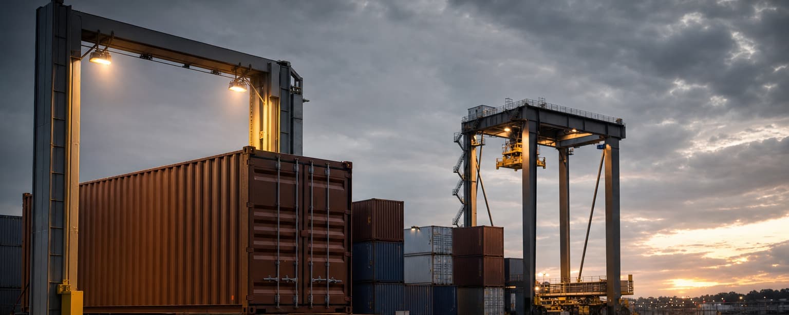A chassis carrying a loaded shipping container rolling out through an intermodal ramp gate at dusk, stacked containers and a rail gantry crane behind it