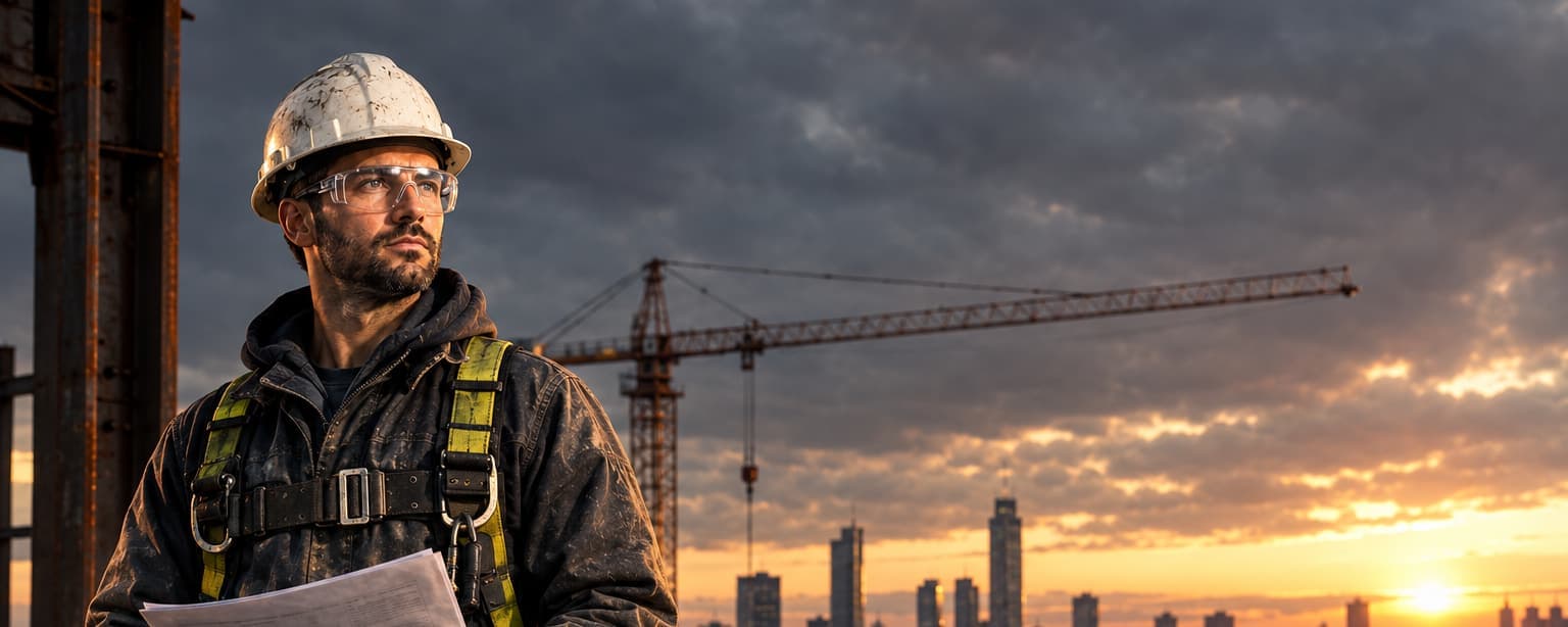 A steel erector superintendent in a harness and hard hat on a high-rise deck at sunset reading a contract page, cranes and skyline behind
