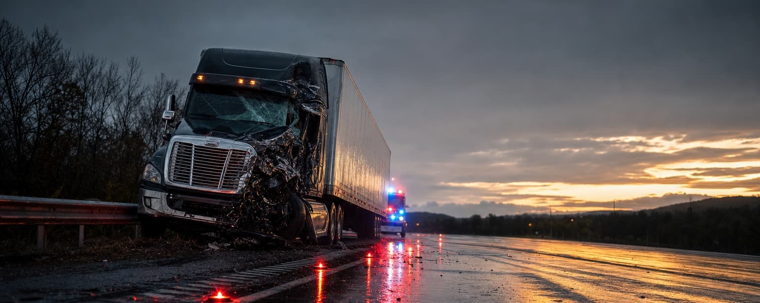 A wrecked tractor unit against a guardrail with emergency lights reflecting off the wet road at dusk