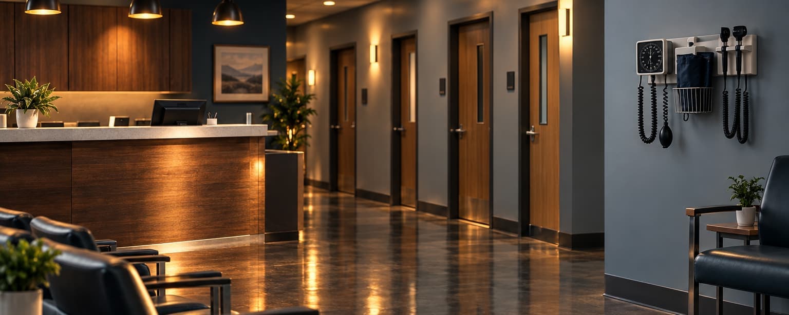 The reception and waiting area of a small urgent care clinic in the evening, a wood-fronted check-in counter, exam room doors down a corridor and a wall-mounted blood pressure cuff
