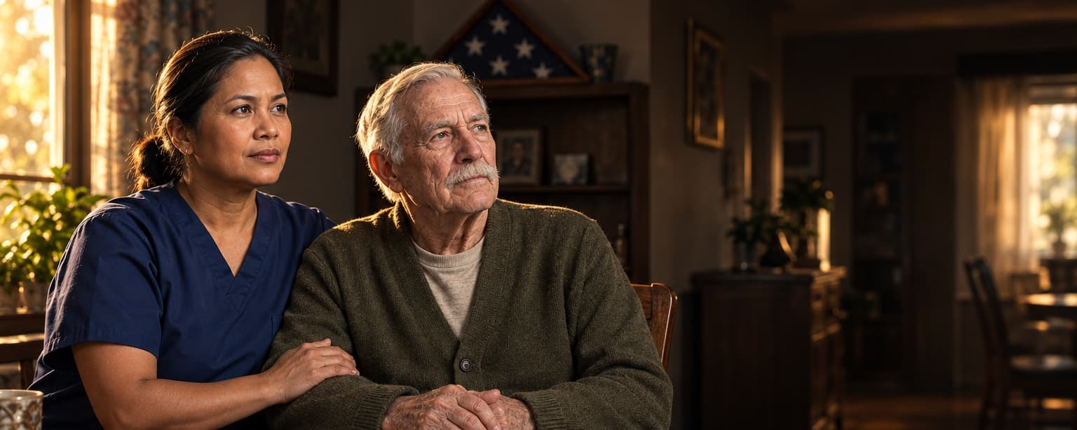 A home health aide in navy scrubs sitting with an elderly veteran in an olive cardigan at his kitchen table, a pill organizer and a care schedule in front of them and a folded flag in a case on the shelf behind