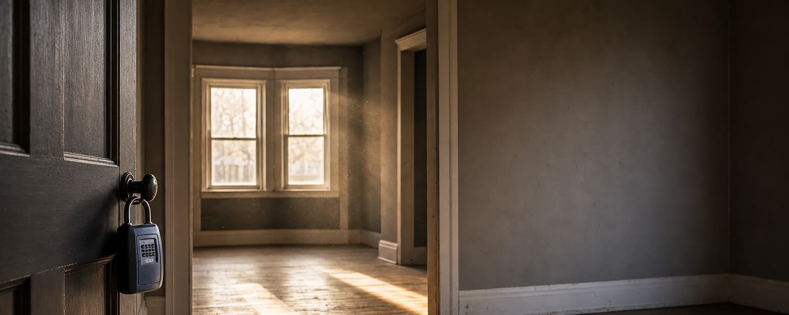 An empty house interior with a lockbox hanging on the open front door and low sun falling across bare floorboards