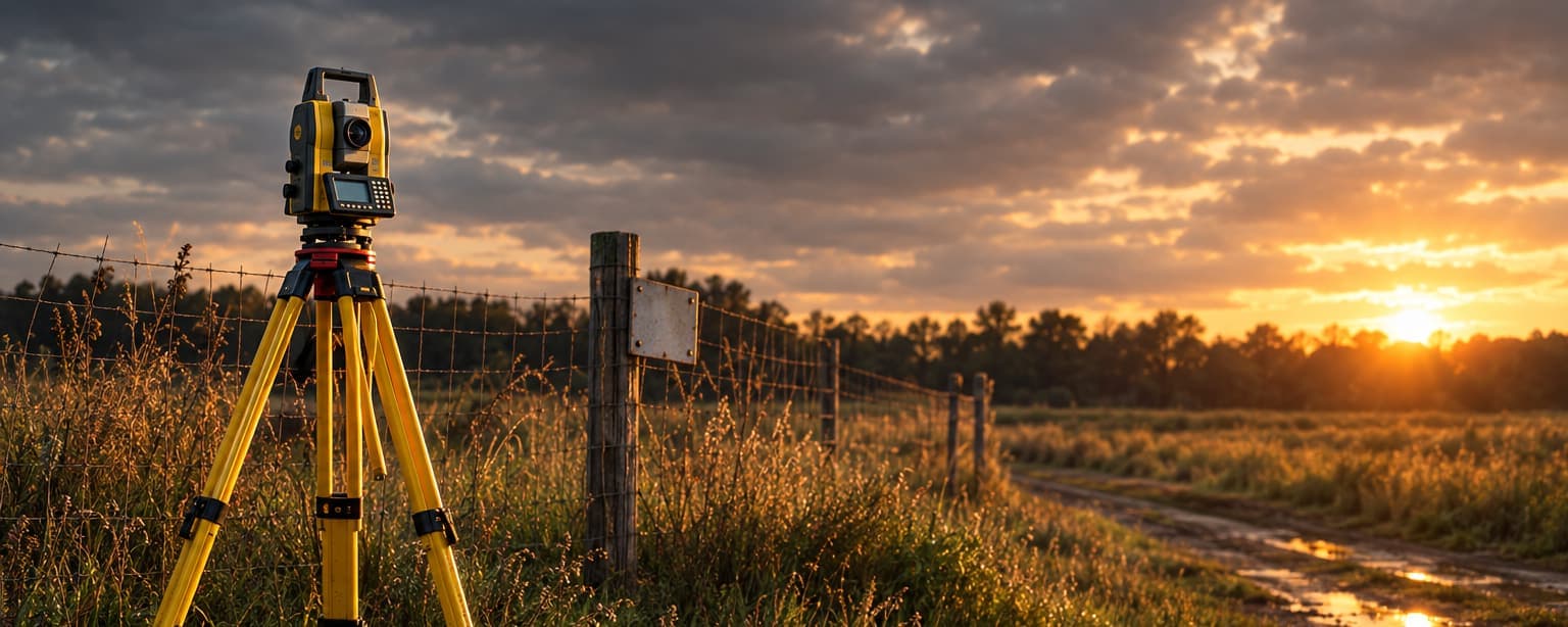 A surveyor’s instrument on a yellow tripod beside a wire fence with a posted sign, tall grass and a muddy dirt track across an undeveloped parcel at sunset