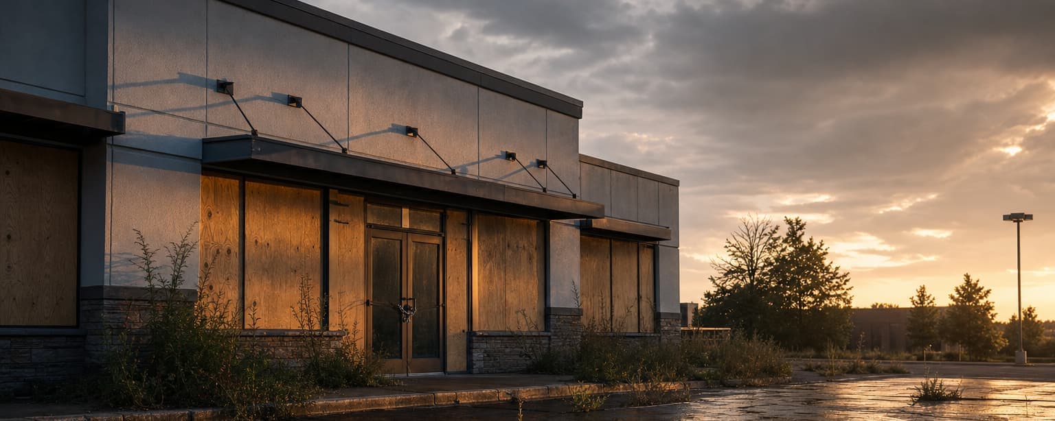 A vacant commercial building at dusk, plywood over the ground-floor windows, a chained entry door and weeds through the cracked parking lot with no lights inside