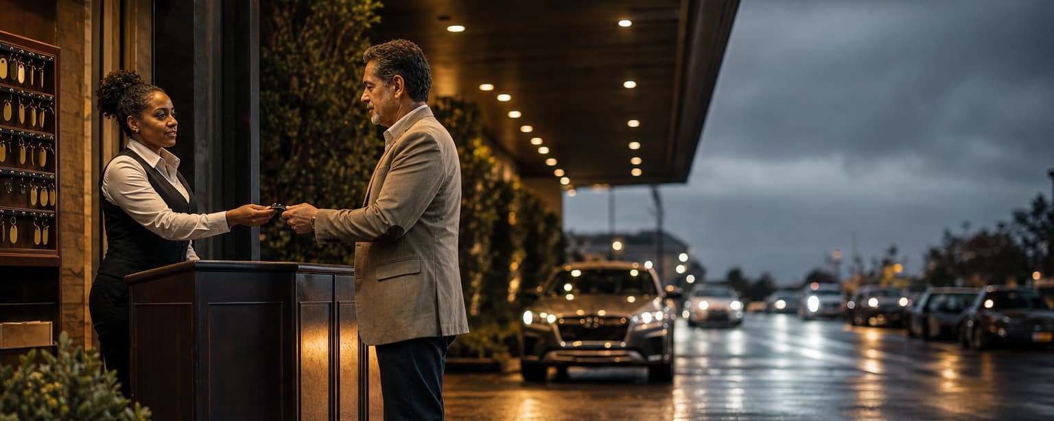 A valet attendant in a vest and tie at a podium taking a key fob from a guest in a sport coat under a hotel porte-cochère at dusk, a key board full of tagged keys beside her and a line of cars on the wet drive behind