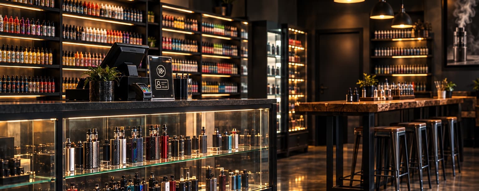 Glass cases of devices and e-liquid bottles on lit shelves, a tasting bar, and an age verification sign by the register