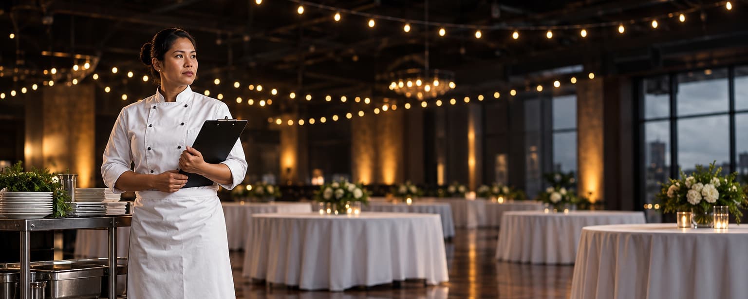 A caterer in chef whites holding a clipboard in an empty event hall during setup, round tables with white linens, string lights overhead and a rolling catering cart beside her