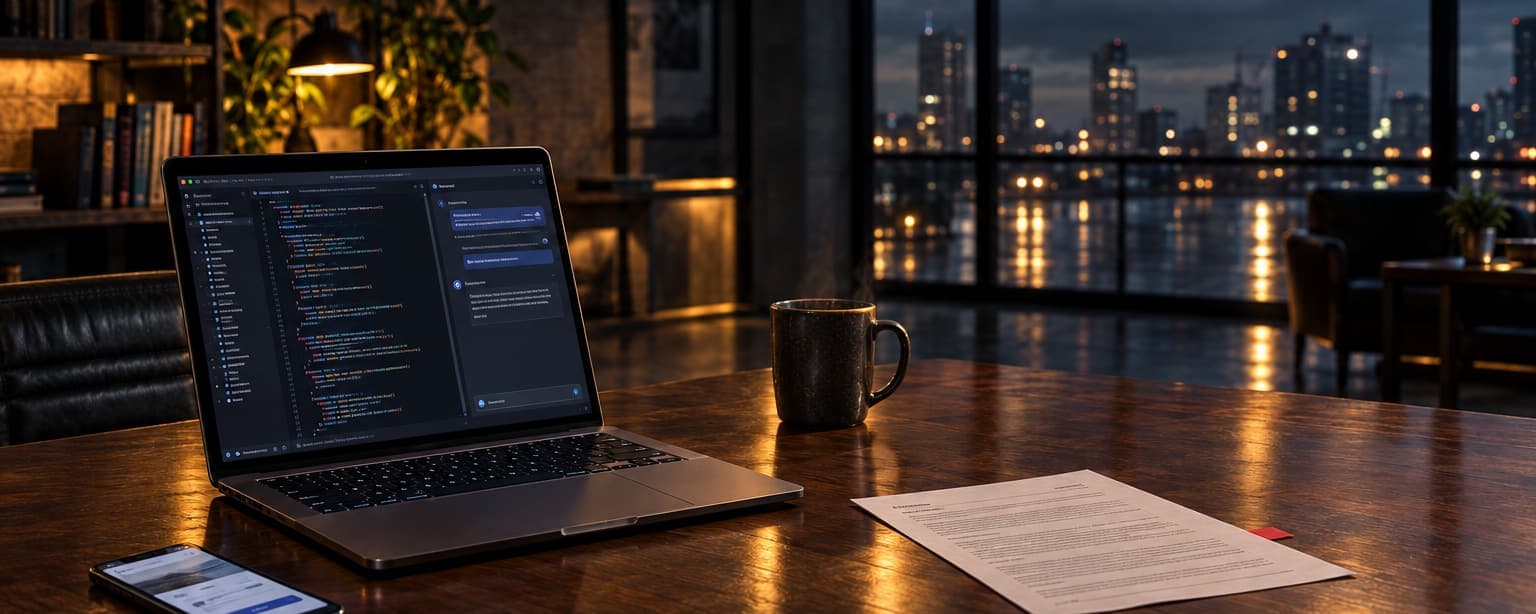 A founder's table at night with a laptop open on a code editor and an AI chat panel, a phone showing an app, a coffee mug and a printed insurance policy with one page flagged