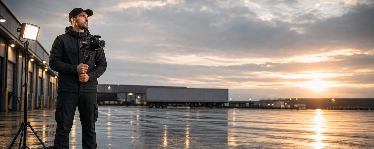 A solo videographer holding a gimbal-mounted camera on a wet loading apron at sunset, a light stand beside him and open warehouse bays down the wall behind