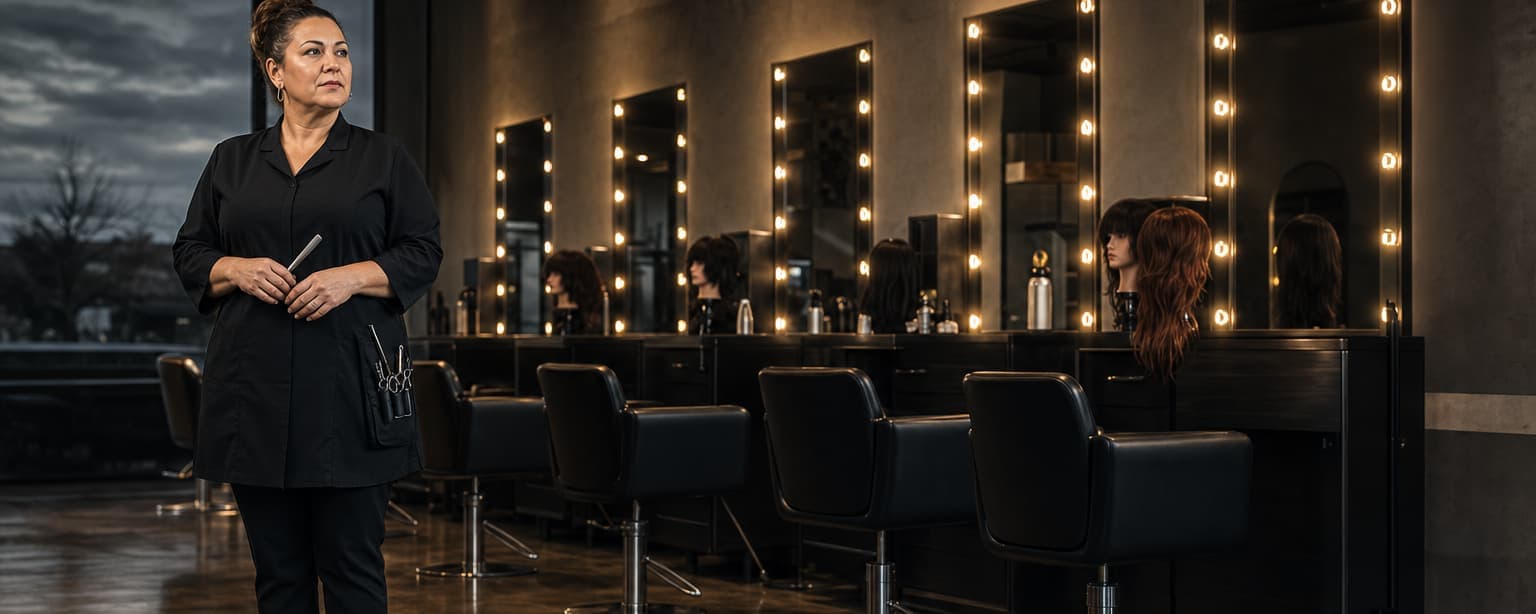 A cosmetology instructor in a black smock with shears in a holster on her hip, standing in a training salon with a row of empty styling chairs and lit mirrors, mannequin heads on the stations behind her