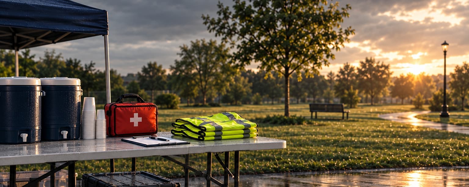 A folding table under a canopy in a park at sunrise, water coolers, a red first-aid kit, folded high-visibility vests and a sign-in clipboard, nobody arrived yet