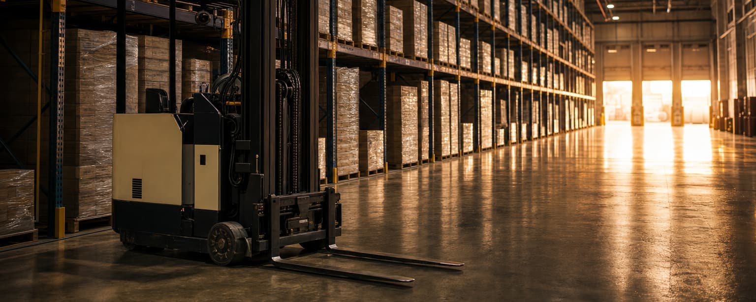 An empty reach truck parked at the end of a warehouse aisle, pallet racking stacked to the roof on both sides and daylight coming through the open dock doors at the far end