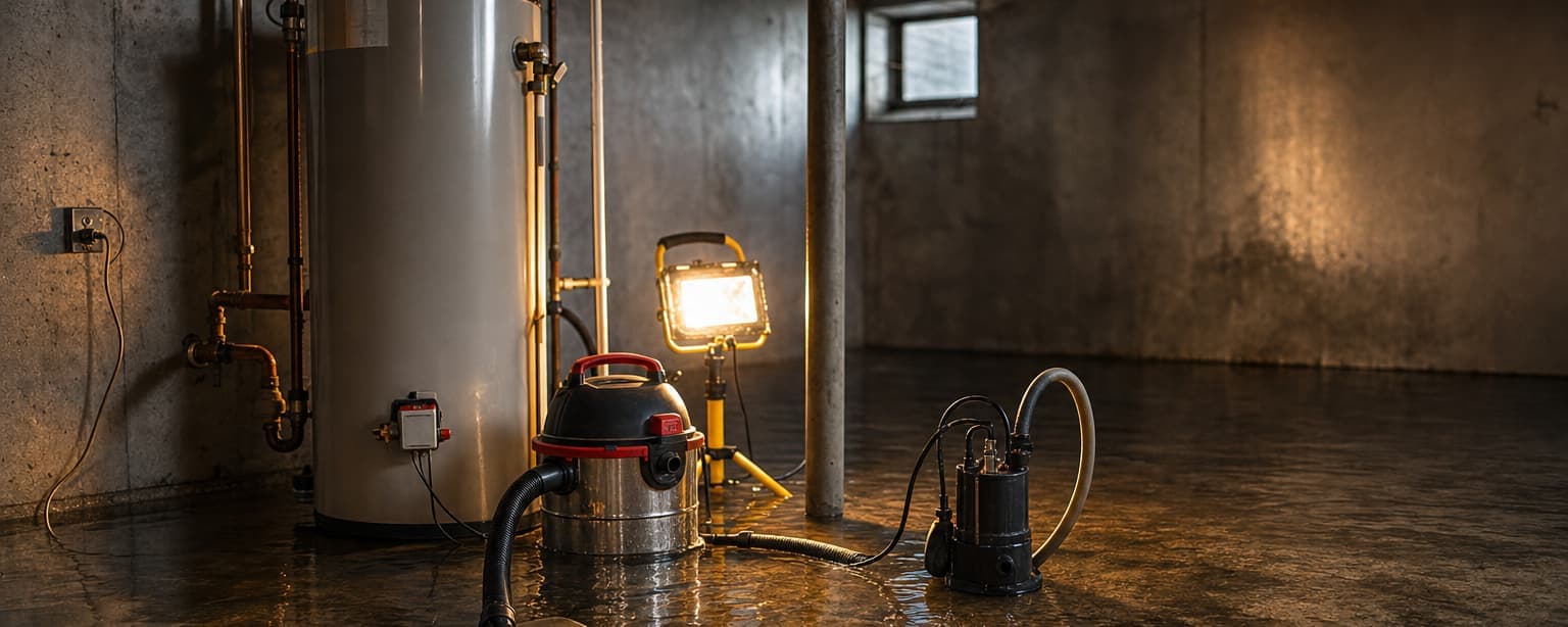 A basement with a water heater and a sump pump, a wet vacuum and a work light standing in shallow water near a floor drain