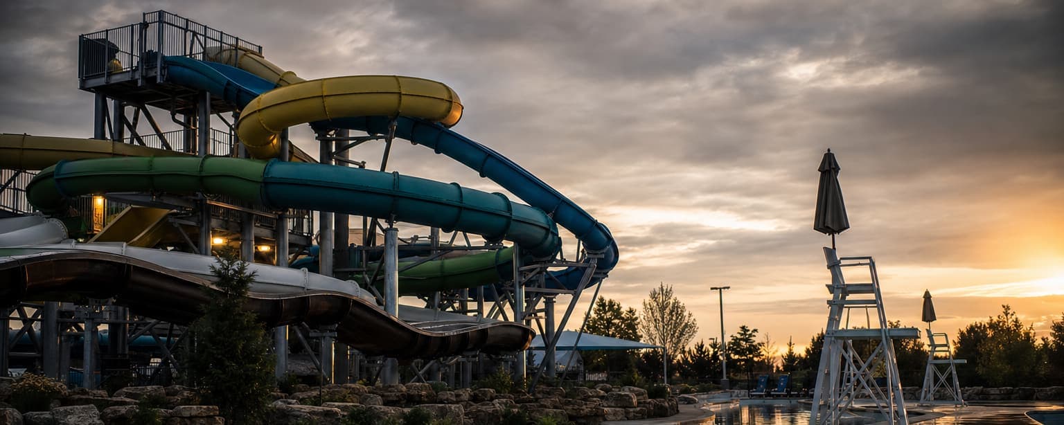 A water park at first light, tall slide flumes curving above a lazy river, empty lifeguard chairs and wet decking, no swimmers in the water