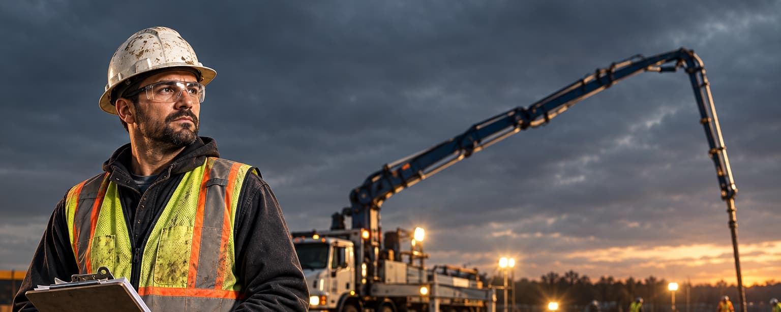 A concrete crew foreman in a hard hat on a pour day, holding a clipboard by a pump truck boom, the wet slab reflecting the work lights
