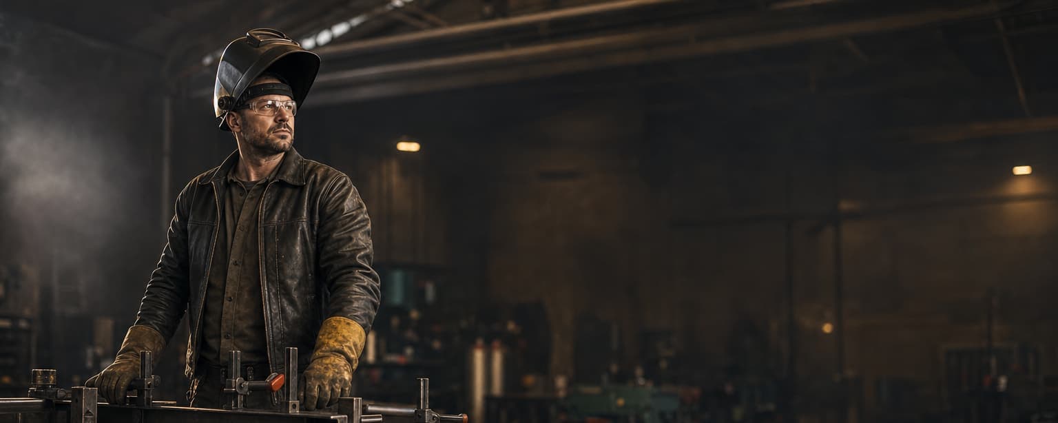 A welder in a leather jacket with his hood raised standing beside a fabrication table holding a clamped steel assembly, welding leads coiled and an angle grinder on the bench