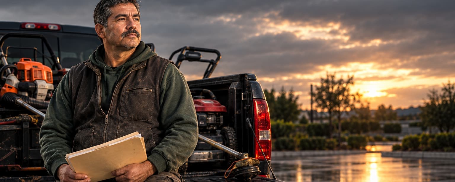 A landscaper in his fifties standing by his work pickup at dusk holding a folder of company papers, mowers and trimmers in the truck bed beside him