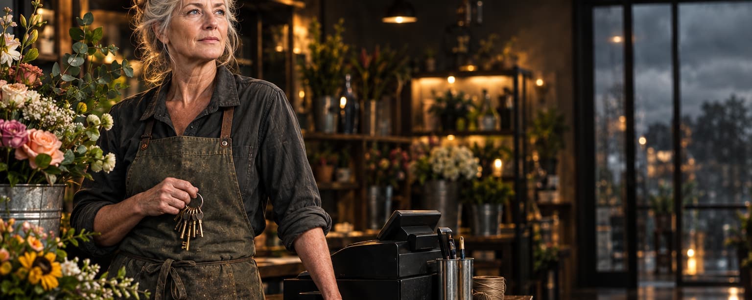 A florist in her sixties standing behind the counter of her shop at closing time holding a ring of keys, buckets of flowers around her